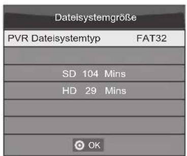 Dateisystemgröße PVR Dateisystemtyp FAT32 SD 104 Mins HD 29 Mins OK