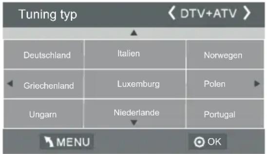 Tuning typ < DTV+ATV > Deutschland Italien Norwegen Griechenland Luxemburg Polen Ungarn Niederlande Portugal MENU OK