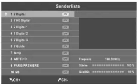 Senderliste 1 7 Digital 2 7 HD Digital 3 7 Digital 1 4 7 Digital 2 5 7 Digital 3 6 7 Guide 7 temp 8 ARTE HD 9 PARIS PREMIERE 10 M6 Frequenz 196.50 MHz Stärke Qualität 100% 59%