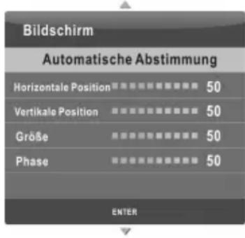 Bildschirm Automatische Abstimmung Horizontale Position 50 Vertikale Position 50 Größe 50 Phase 50 ENTER