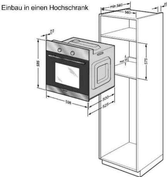 Einbau in einen Hochschrank 22 598 596 500 525 min.560 560 35 max 50 575