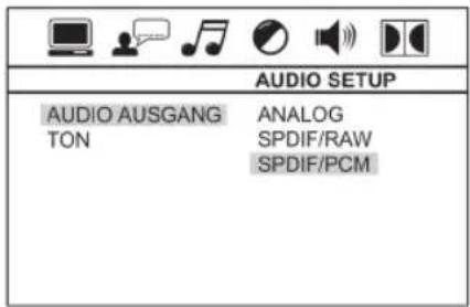 AUDIO SETUP AUDIO AUSGANG TON ANALOG SPDIF/RAW SPDIF/PCM