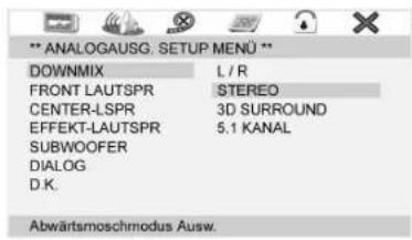 ANALOGAUSG. SETUP MENÜ ** DOWNMIX L/R FRONT LAUTSPR STEREO CENTER-LSPR 3D SURROUND EFFEKT-LAUTSPR 5.1 KANAL SUBWOOFER DIALOG D.K. Abwärtsmoschmodus Ausw.