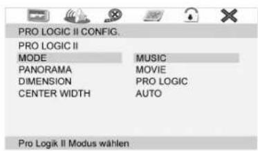 PRO LOGIC II CONFIG. PRO LOGIC II MODE MUSIC PANORAMA MOVIE DIMENSION PRO LOGIC CENTER WIDTH AUTO Pro Logik II Modus wählen