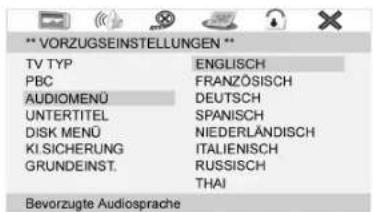 **VORZUGSEINSTELLUNGEN ** TV TYP ENGLISH PBC FRAHZÖSISCH AUDIOMENU DEUTSCH UNTERTITEL SPANISCH DISK MENÜ NIEDERLÄNDISCH KI.SICHERUNG ITALIENISCH GRUNDEINST.RUSSISCH THAI Bevorzugte Audiosprache