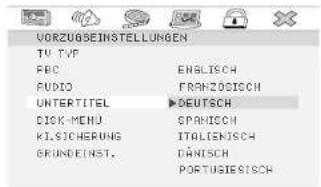 VORZUGSEINSTELLUNGEN TV TVP FBC ENGLISH AUDIO FRANZOGISCH UNTERTITEL DEUTSCH DIK-MENU SPARSICH KLSICHERUNG ITALIGNISCH GRUNDEINST. DÄNISCH PORTUGIESCH