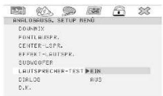 ANALOSRUSG, SETUP MENU DOWNIX FONTLAUSPR. CENTER-LSPR. EFFECT-LAUTISPR. SUBWOOFER LAUTSPRECHER-TEST EIN DIALOG AUS D.K.