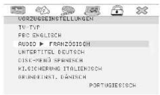 VORZUGSEINSTELLUNGEN TV-TVP FBC ENGLISH AUDIO ▶ FRANZÖGISCH UNTEPITTEL DEUTSCH DISCKRENÜ SPANISCH KLSICHERUNG ITALIENISCH GRÜNDEINST. DÄNISCH PORTUGIESCH