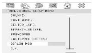 ANALOGASU, SETUP MENU DOWNIX FONTLAUSPR. CENTER-LSPR. EFFECT-LAUTSPR. SUBCOVER LADTSPECHER-TEST DIALOG >60 D.K.