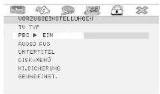 VORZUGSEINSTELLUNGEN TV TYP PDC ▶ EIN AUDIO RUS UHTERTITEL DISCK-MEND KLI-SICHERUNG GRUNDEINST.