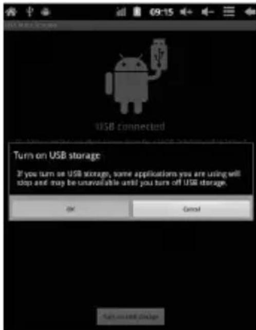 USB connected Turn on USB storage If you turn on USB storage, some applications you are using will stop and may be unavailable until you turn off USB storage. OK Cancel Save and log