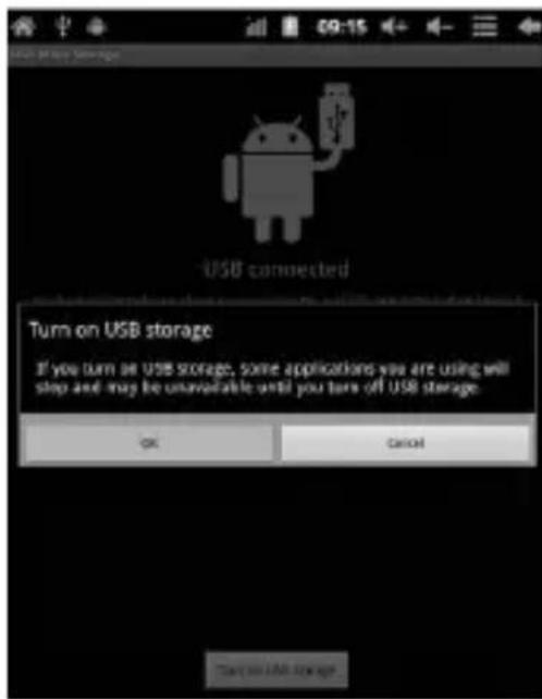 USB connected Turn on USB storage If you turn on USB storage, some applications you are using will stop and may be unavailable until you turn off USB storage. OK Cancel Cancel