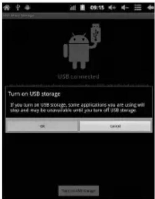 USB connected Turn on USB storage If you turn on USB storage, some applications you are using will stop and may be unavailable until you turn off USB storage. OK Cancel