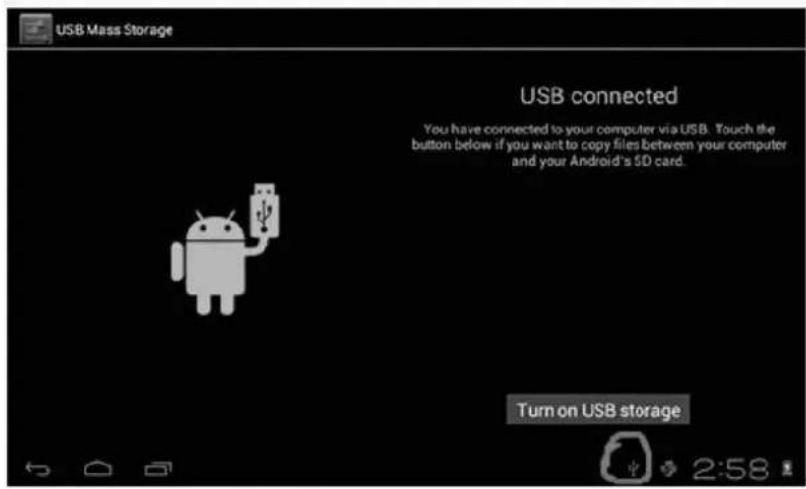 USB Mass Storage USB connected You have connected to your computer via USB. Touch the button below if you want to copy files between your computer and your Android's SD card. Turn on USB storage