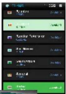 Mobile app interface screenshot showing a list of app names with green navigation arrows and a 'OK' button.