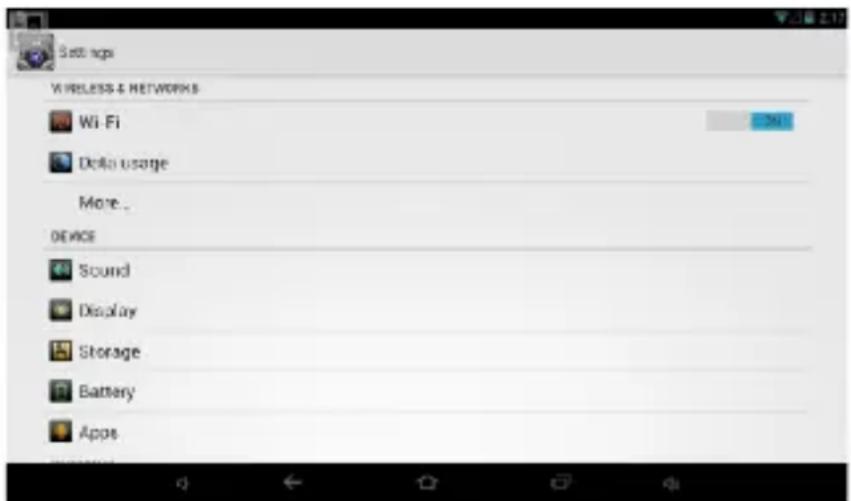 Set ups WIRELESS & NETWORKS Wi-Fi Delta usage More... DEVICE Sound Display Storage Battery Apps