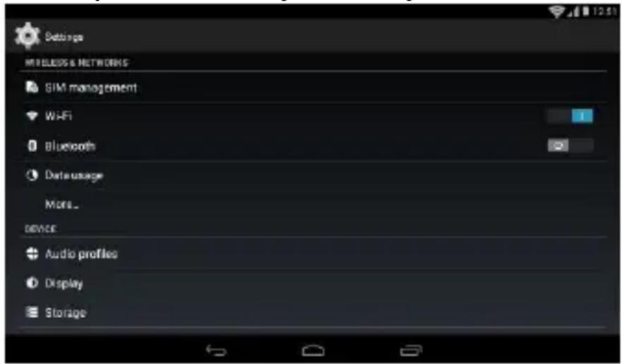 Settings Wireless & Networks SIM management WiFi Bluetooth Data usage More... DEVICE Audio profiles Display Storage