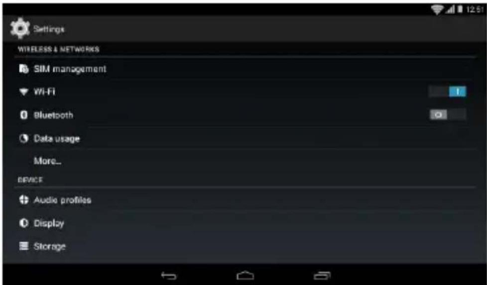 Settings WIRELESS & NETWORKS SIM management Wi-Fi Bluetooth Data usage More... DEVICE Audio profiles Display Storage