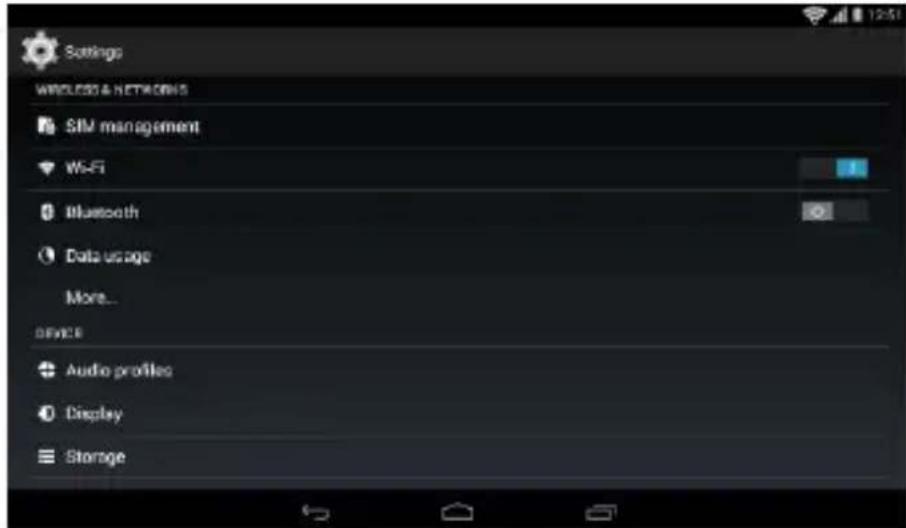 Settings WIRELESS & NETWORKS SIM management Wi-Fi Bluetooth Data usage More... DEVICE Audio profiles Display Storage