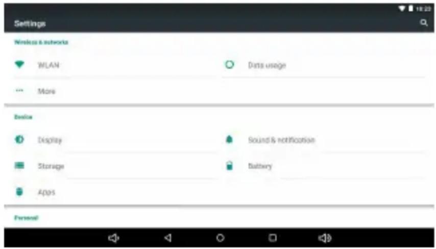 Settings Wireless & networks WLAN Data usage More Device Display Sound & notification Storage Battery Apps Personal