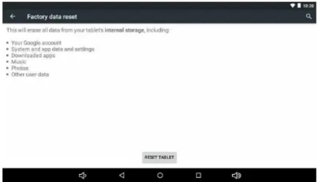 Factory data reset This will erase all data from your tablet's internal storage, including: - Your Google account - System and app data and settings - Downloaded apps - Music - Photos - Other user data RESET TABLET