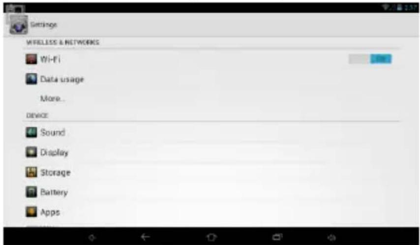 Settings WIRELESS & NETWORKS Wi-Fi Data usage More... Device Sound Display Storage Battery Apps