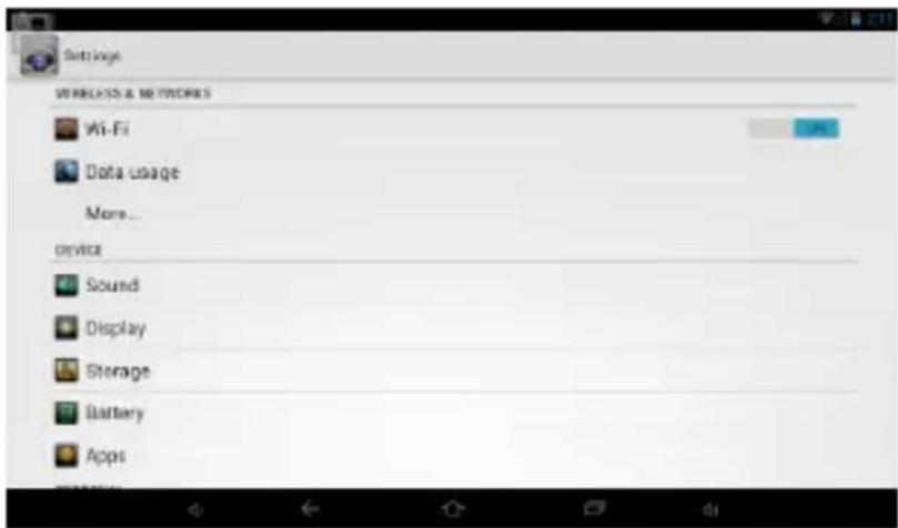 Settings WHEELSOS & NETWORKS Wi-Fi Data usage More... device Sound Display Storage Battery Apps