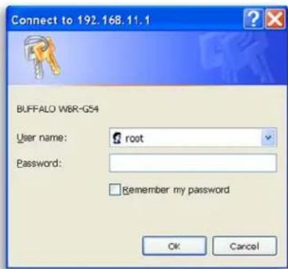 Connect to 192.168.11.1 BUFFALO W8R-G54 User name: root Password: Remember my password OK Cancel
