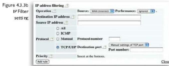 Figure 43.3b IP Filter setting IP address filtering Operation Destination IP address Source IP address All ICMP Protocol Manual Protocol number TCP/UDP Destination port Manual settings of TCP port Port number: Priority Insert at the bottom. Add rule Close