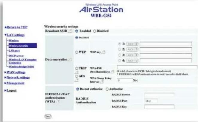 Wireless LAN Access Point AirStation WBR-G54 Return to TOP Wireless security settings Broadcast SSID Enabled Disabled LAN settings - Wireless - WirelessSecurity - LAN port - DHCP secret - Wireless LAN Computer - Limitation - Wireless Bridge(WLS) -WAN settings -Network settings - Management - Logout…