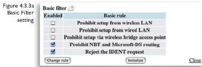 Figure 4.3.3a Basic Filter setting Basic filter ? Enabled Basic rule □ Prohibit setup from wireless LAN □ Prohibit setup from wired LAN □ Prohibit setup via wireless bridge access point ✓ Prohibit NBT and Microsoft-DS routing ✓ Reject the IDENT request Change rule Initialize Close
