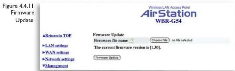Figure 4.4.11 Firmware Update Wireless LAN Access Point AirStation WBR-G54 ▲Return to TOP Firmware Update Firmware file name → Choose File no file selected ►LAN settings The current firmware version is [1.30]. ►WAN settings Firmware Update ►Network settings ▼Management