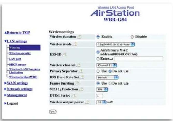 Wireless LAN Access Point Air Station WBR-G54 Return to TOP LAN settings Wireless Wireless.security LAN port DHCP server Wireless LAN Computer Limitation Wireless.bridge(WDS) WAN settings Network settings Management Legout Wireless settings Wireless function Enable Disable Wireless mode 11g(14M)/11h…