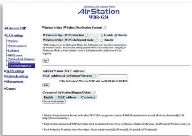 Wireless LAN Access Point AirStation WBR-G54 ▲Return to TOP ▼LAN settings -Wireless -Wireless security -LAN port -RHCE network -Wireless LAN Computer Limitation -Wireless bridge(WBS) ▼WAN settings -Network settings -Management -Logout Wireless bridge (Wireless Distribution System) Wireless bridge (W…