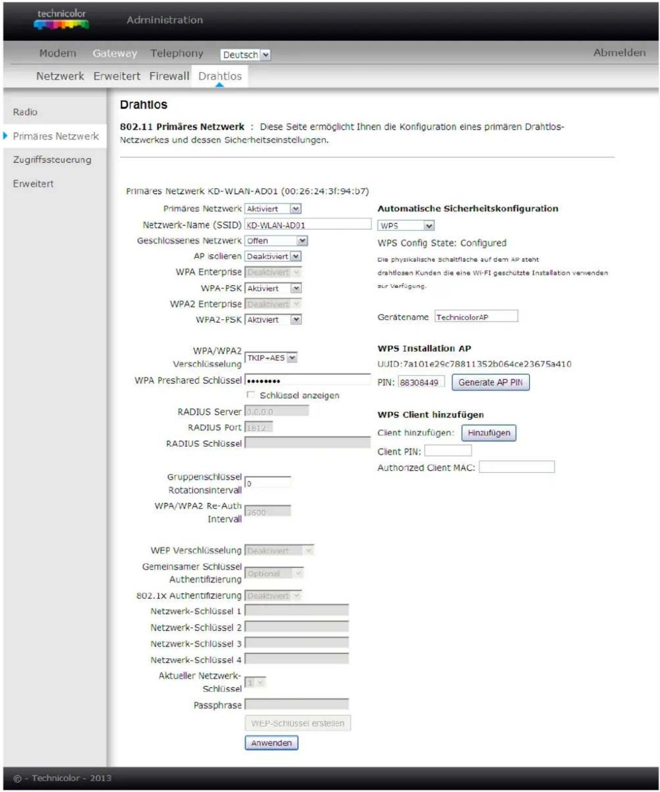 Technicolor TC7200K - Primäres Netzwerk (Wi-Fi Zugangskontrolle und Sicherheit) - 1