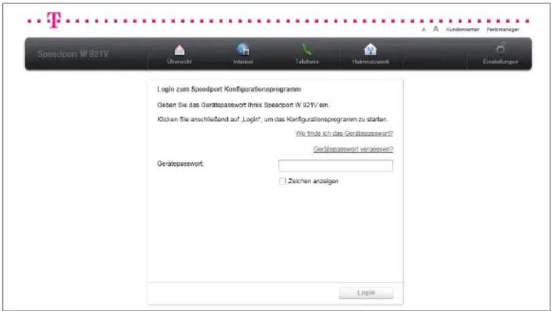 T-Mobile Speedport W 921V - Login zum Speedport-Konfigurationsprogramm. - 1