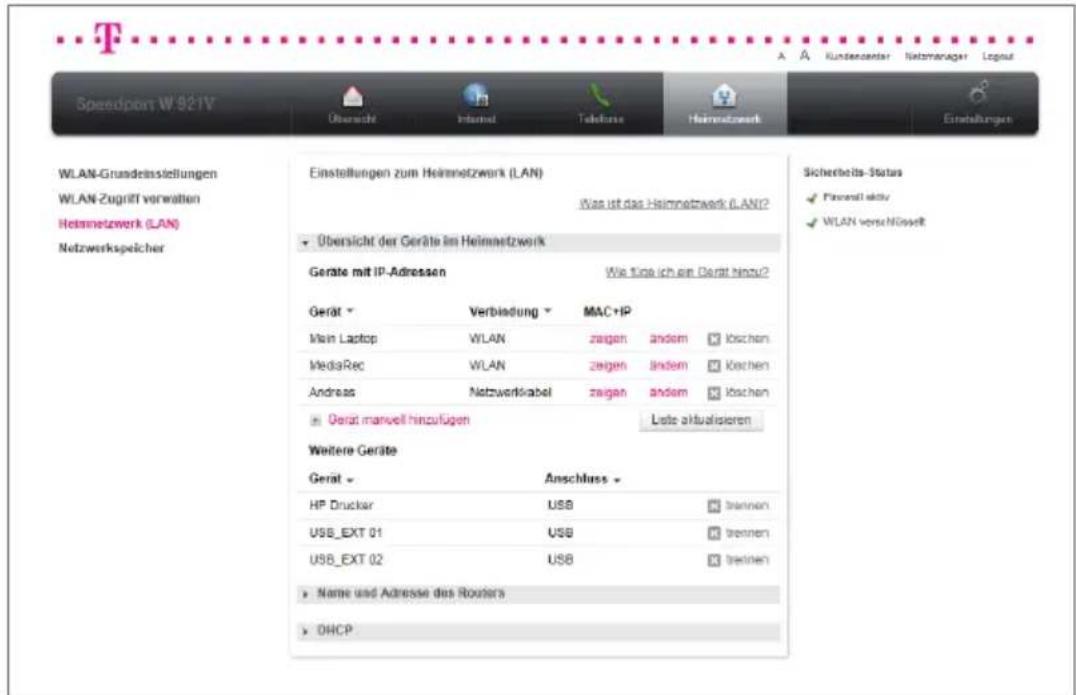 T-Mobile Speedport W 921V - Computer verwalten - Übersicht der Geräte. - 1