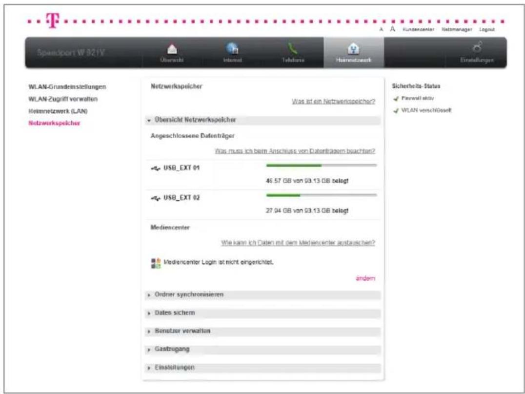 T-Mobile Speedport W 921V - Übersicht Netzwerkspeicher. - 1