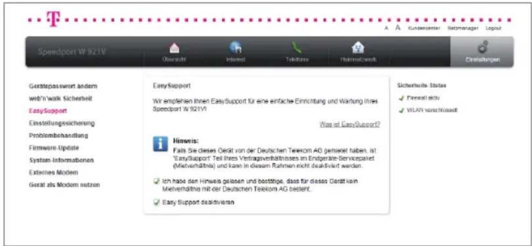 T-Mobile Speedport W 921V - EasySupport deaktivieren. - 1