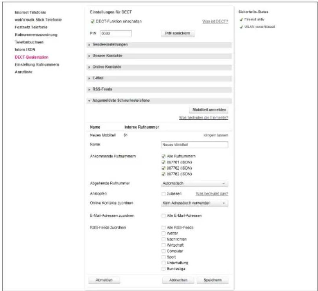 T-Mobile Speedport W 921V - Einstellungen für angemeldete Schnurlostelefone. - 1