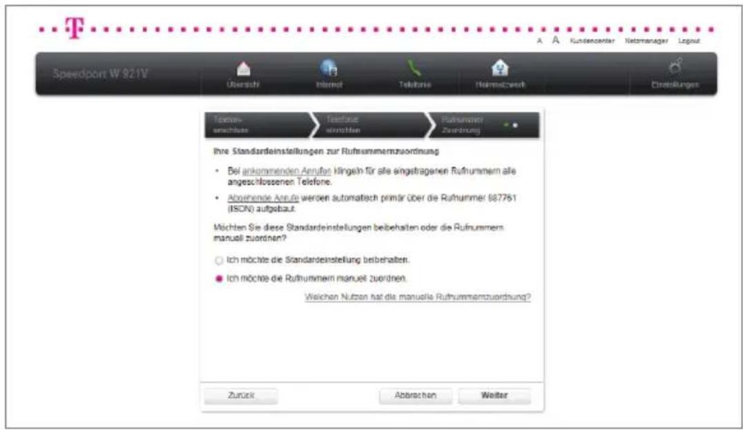 T-Mobile Speedport W 921V - Manuelle Rufnummernzuordnung bei Festnetz-Anschluss (Universal). - 1