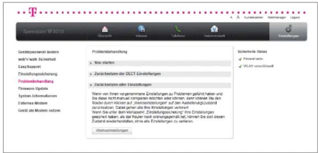 T-Mobile Speedport W 921V - Zurücksetzen aller Einstellungen. - 1