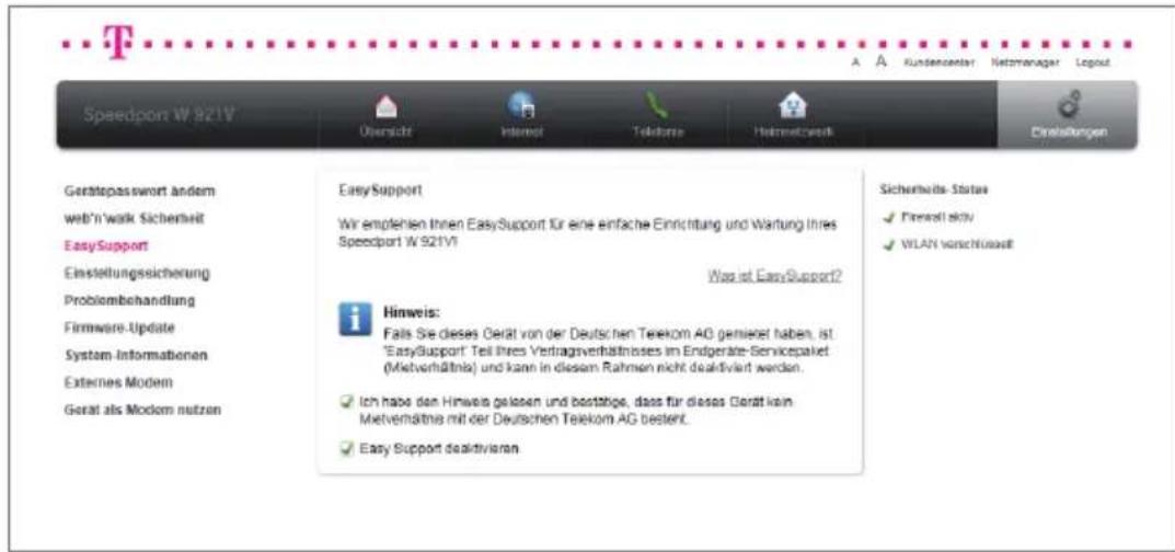 T-Mobile Speedport W 921V - EasySupport deaktivieren. - 1