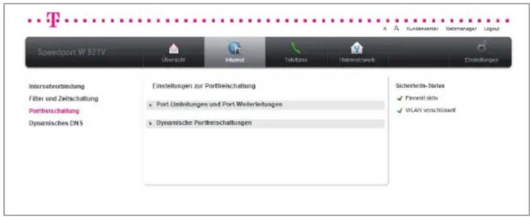 T-Mobile Speedport W 921V - Port-Umleitungen und Port-Weiterleitungen. - 1
