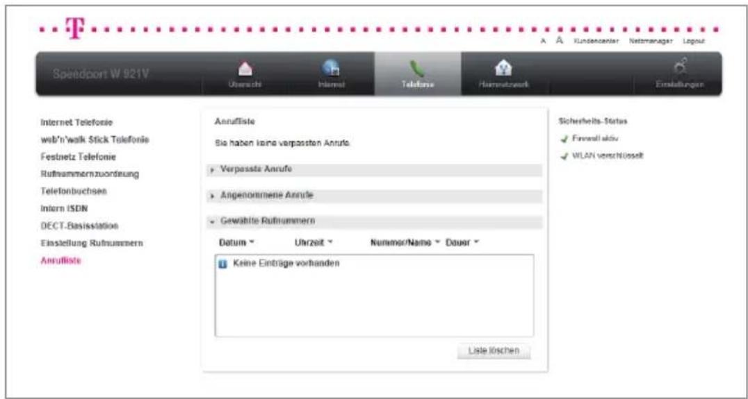 T-Mobile Speedport W 921V - Anrufliste. - 1
