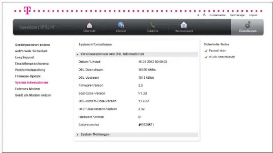 T-Mobile Speedport W 921V - System-Informationen. - 1