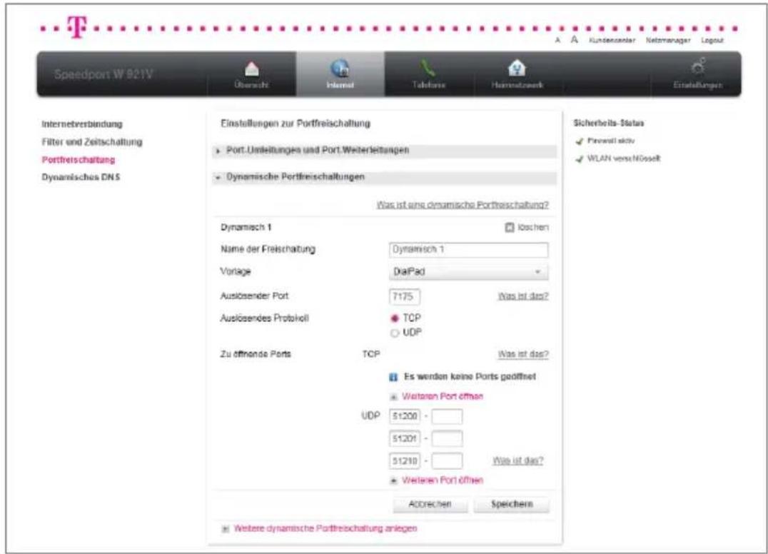 T-Mobile Speedport W 921V - Dynamische Portfreischaltungen. - 2