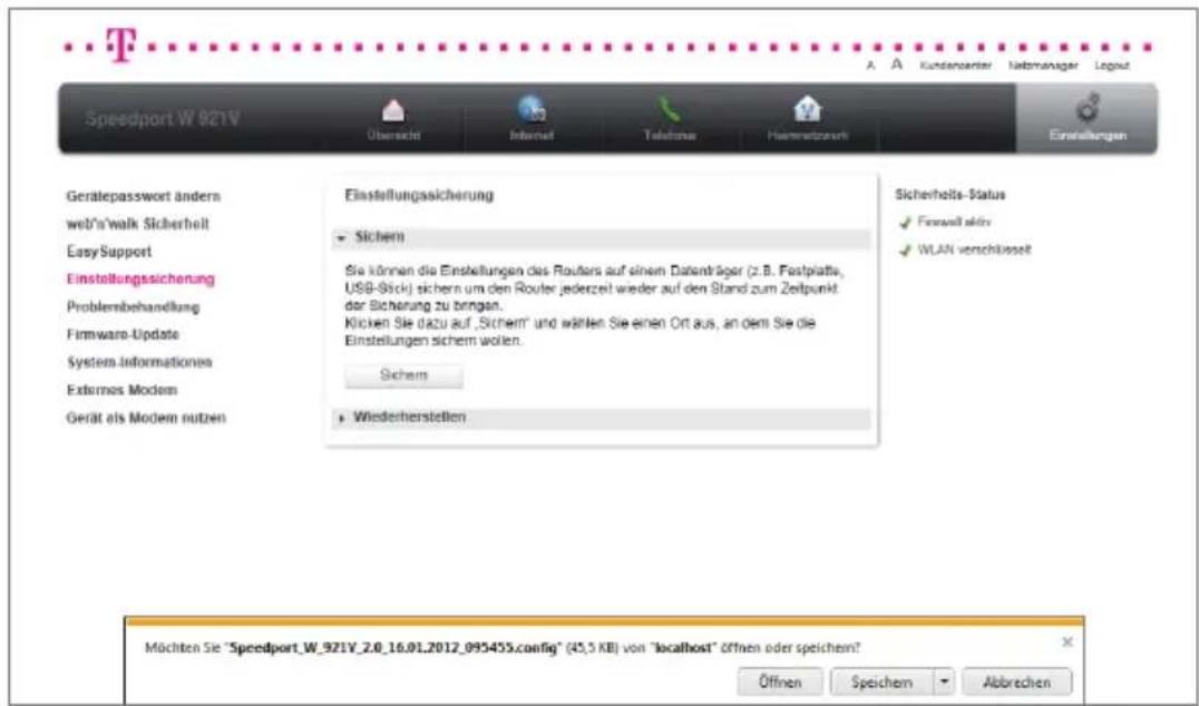 T-Mobile Speedport W 921V - Einstellungen sichern. - 1