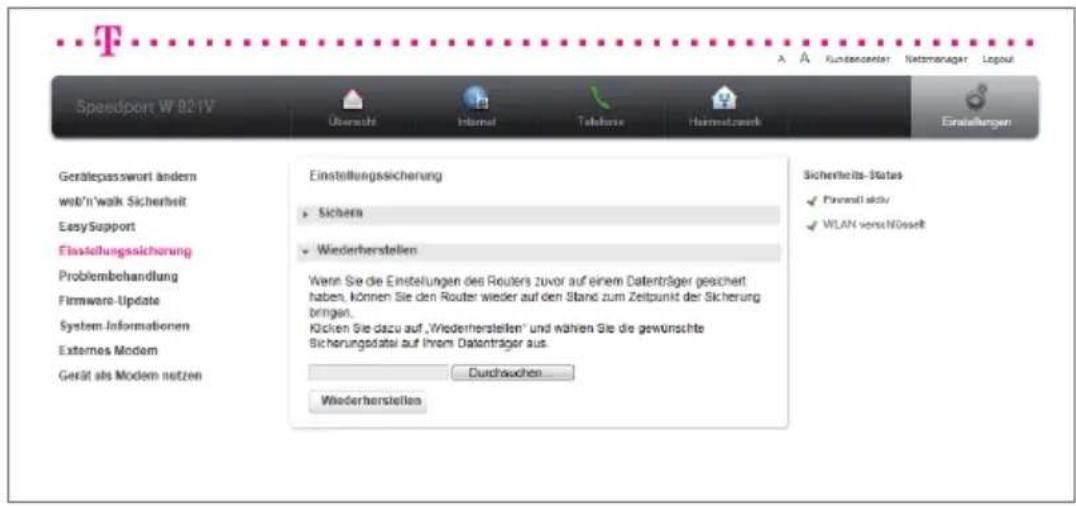 T-Mobile Speedport W 921V - Einstellungen wiederherstellen. - 1