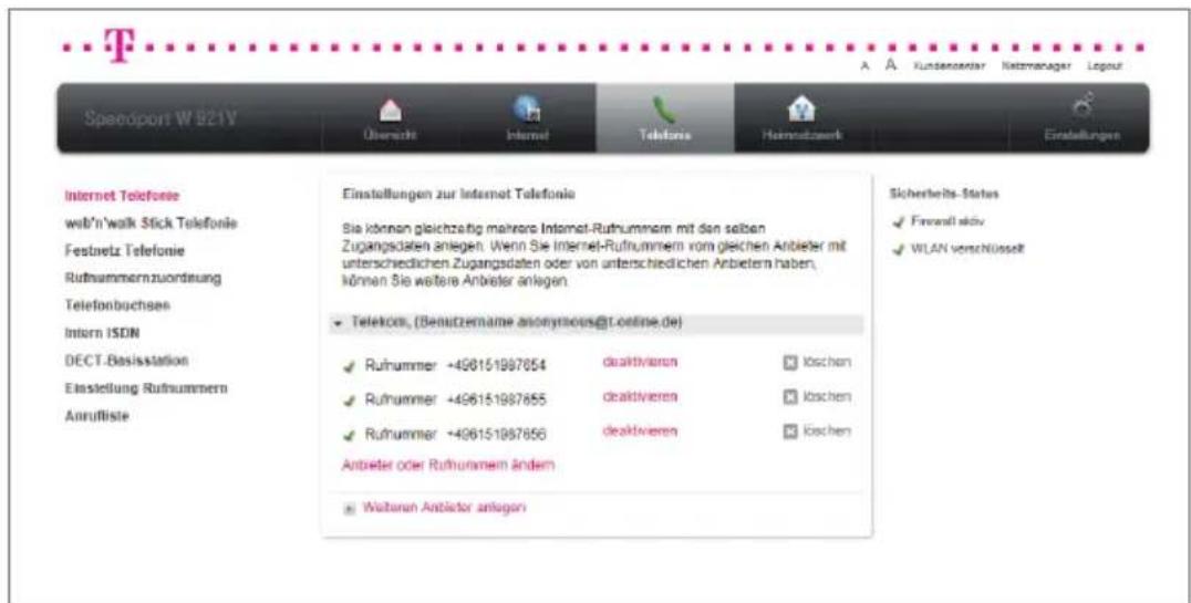 T-Mobile Speedport W 921V - Internet-Rufnummern aktivieren oder deaktivieren. - 1